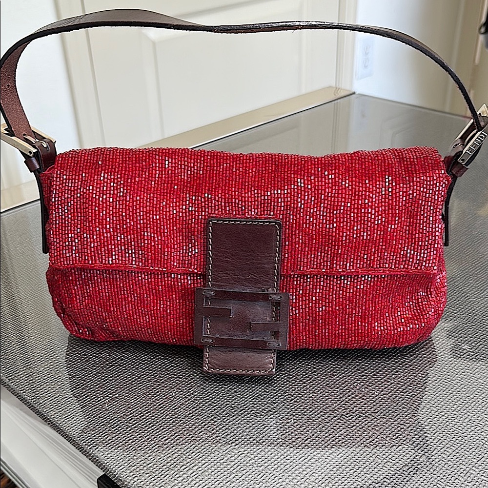 Red Beaded Designer Shoulder Bag